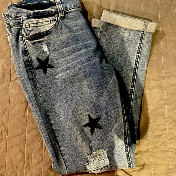 DESIGN LAB STRAIGHT TORN STAR EMBELLISHED DENIM JEANS 29 - Picture 4 of 9